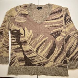 DG2 Diane Gilman sweater‎ nylon blend feather pattern brown v neck women's Large